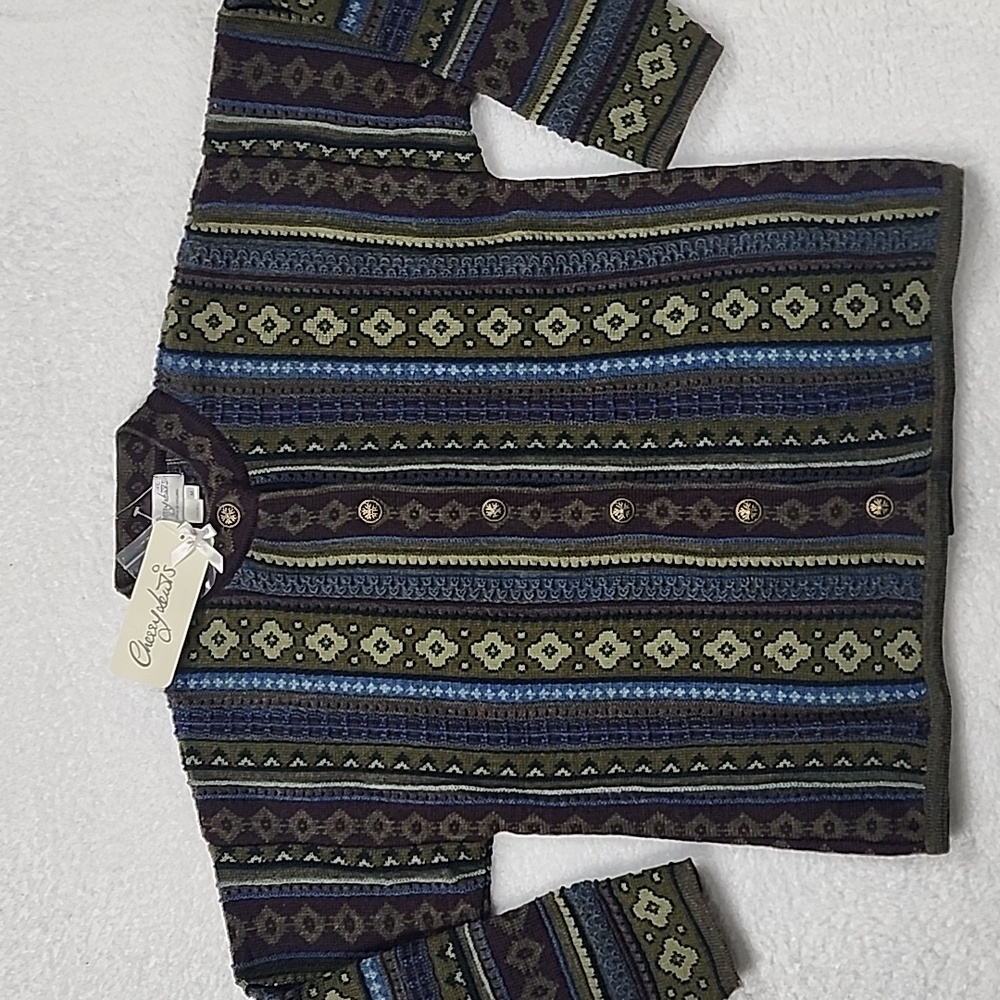 Vintage Cherry Lewis 100% Wool Multi Color Cardigan Rare New With Tags
